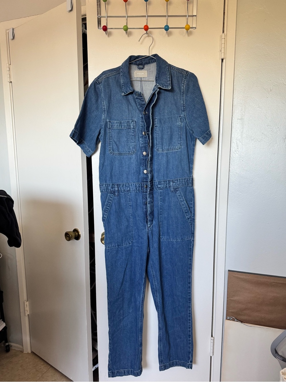 Everlane Blue Short-Sleeve Denim Jumpsuit